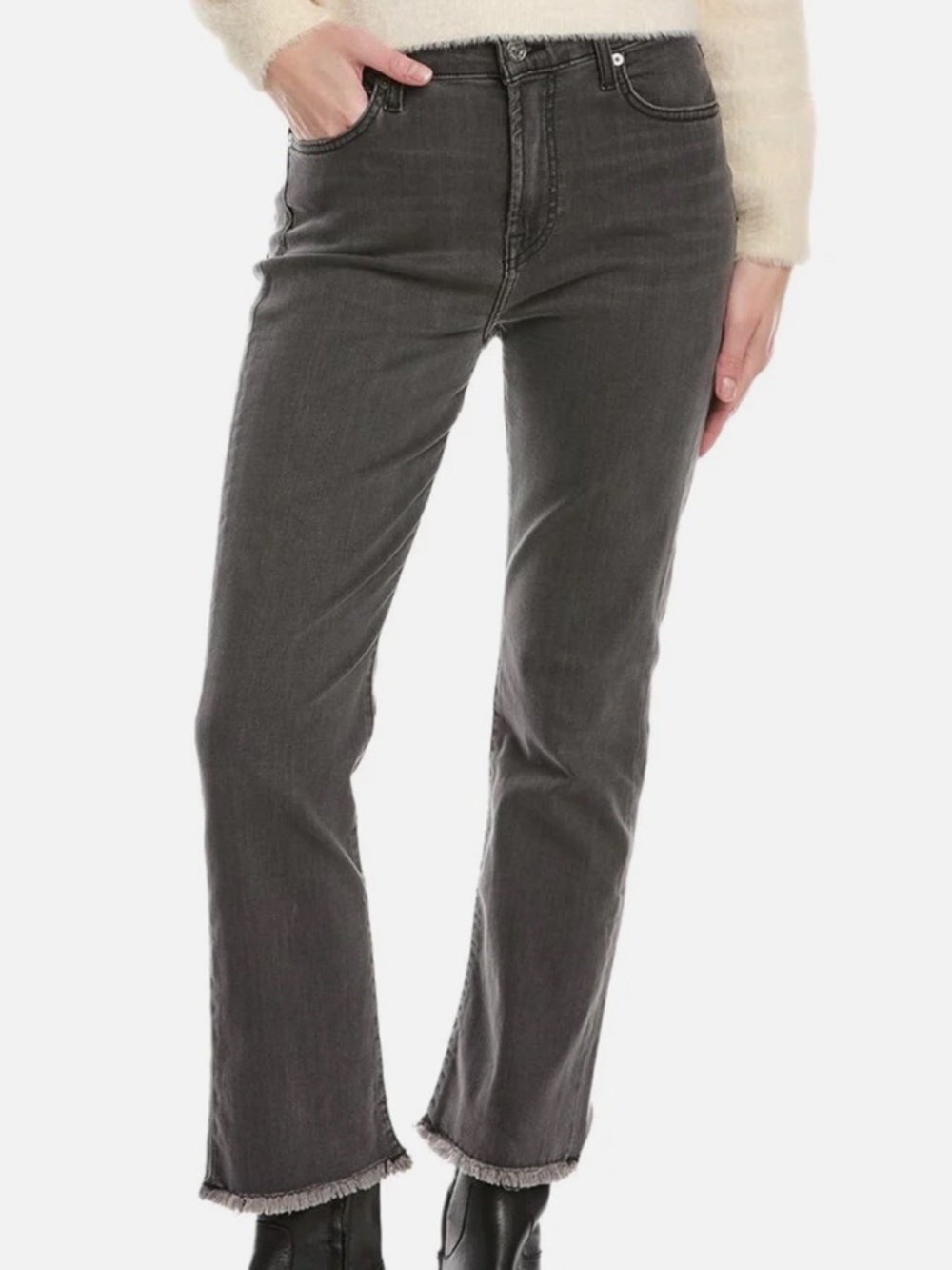 7 For All Mankind Faded Black High Waist Slim Kick Jeans with Frayed Hem - Picture 10 of 11